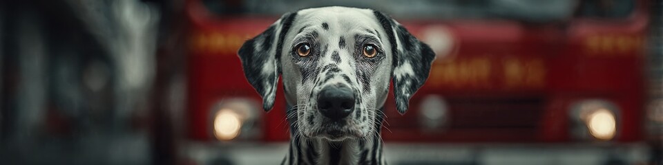A regal Dalmatian with striking spots sits proudly before a blurred red fire truck, embodying courage and loyalty in the face of duty and service.