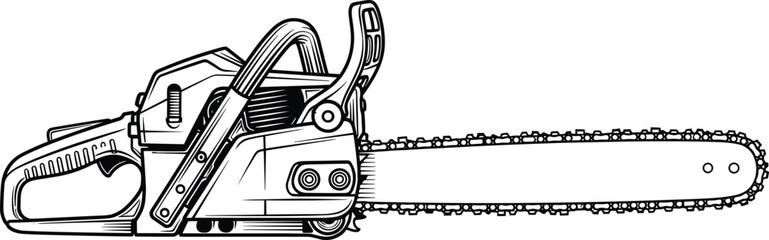 Chainsaw side view with detailed mechanical parts including handle, engine, chain and guide bar in black white illustration, flat vector