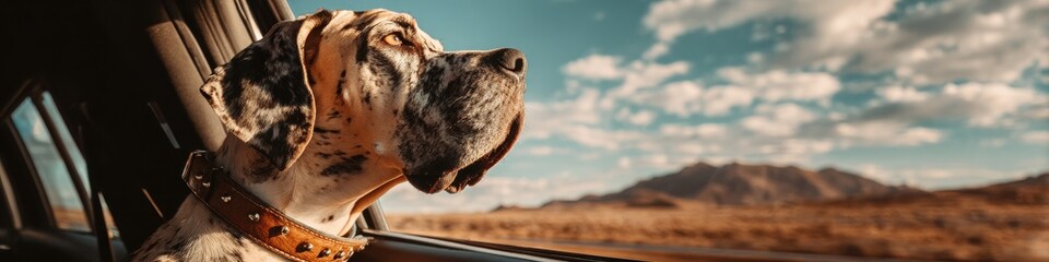 A speckled Great Dane sits in a modern car with its head out the window, enjoying the wind and the expansive landscape on a sunny road trip.