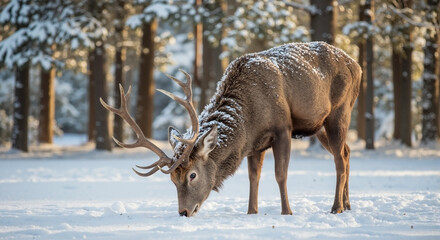 Deer foraging in snow-covered forest with sunlight filtering through trees for nature blogs, wildlife websites, winter awareness, and educational content