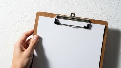 Hand holding a clipboard with blank white paper for text or content.