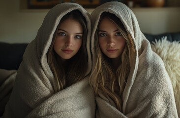 Fototapeta premium Enigmatic portrait of two young women wrapped in cozy blankets sharing a quiet and peaceful moment indoors