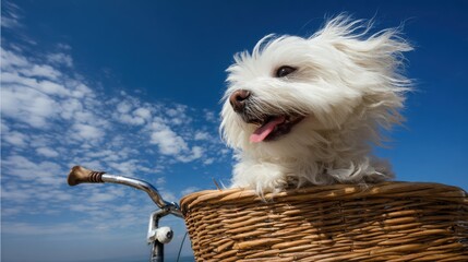 A happy Maltese dog with a fluffy white coat enjoys a breezy ride sitting in a wicker basket attached to a bicycle under a bright blue summer sky with clouds.