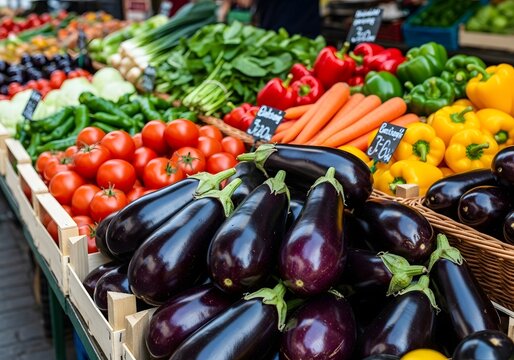 Fresh eggplants and various colorful vegetables displayed at an outdoor market stall for sale - Powered by Adobe