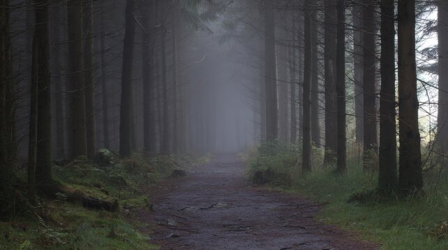 vanishing. Misty forest path with straight tree trunks leading into the distant fog. travel magazines, destination branding, designed for travel destination branding, used by event planners.