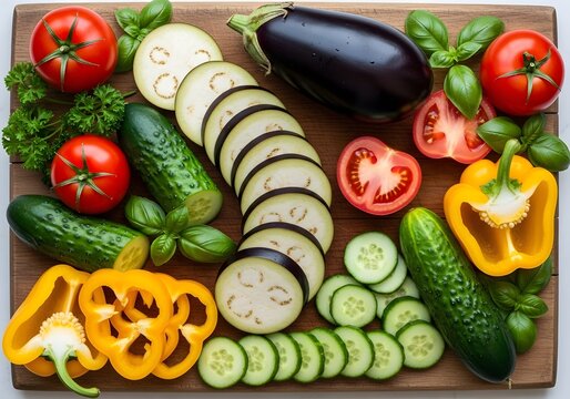 Fresh vegetables including eggplant, tomatoes, cucumbers, and bell peppers arranged on a wooden board