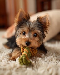 Playful Yorkshire terrier puppy chews a green and orange rope toy while lying on a soft cream carpet, looking directly at the camera with adorable brown eyes.