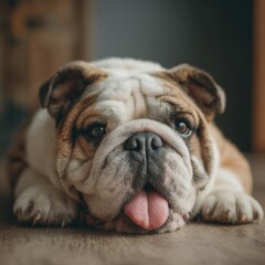 A playful bulldog with a wrinkled face is lying on the floor, sticking out its tongue in a display of relaxation and contentment in a cozy indoor setting.