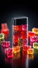 Sleek premium CBD gummy packaging displays colorful gummy bears in a modern transparent container against a dark backdrop promoting wellness and tasty treats.