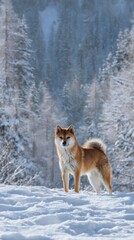 A beautiful Shiba Inu dog resembling a fox stands proudly on a snow-covered hill with frosted trees in the background on a clear, crisp winter day landscape.