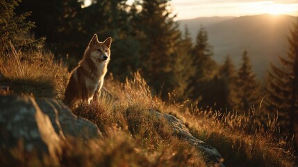 A majestic Shiba Inu dog, resembling a fox, stands proudly on a sunlit mountain slope, surrounded by tall grass and trees as the sun sets over the horizon.