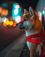 A beautiful Shiba Inu dog with a bright red harness gazes curiously at the colorful city lights du a nighttime walk in the vibrant urban landscape.