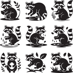 Raccoon vector set in different poses black and white illustration