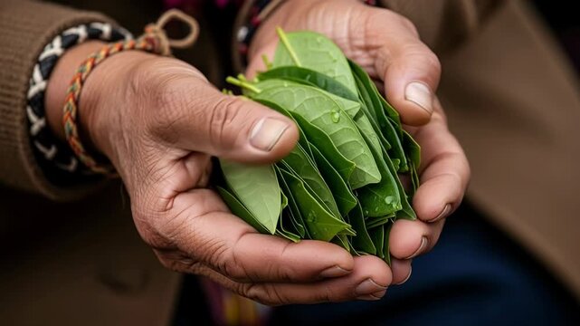 Peruvian Q'ero elder offers coca leaves during sacred despachos ceremony in the Andes
