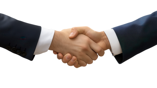 Two individuals in business suits shake hands, symbolizing a successful agreement in a professional context.