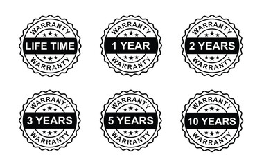 Black and White Warranty Badge Icons – Lifetime, 1 Year, 2 Years, 3 Years, 5 Years, 10 Years Guarantee Labels Set