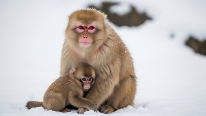 Naklejka premium Japanese Macaque Mother and Baby in Snowy Landscape - A Heartwarming Moment.