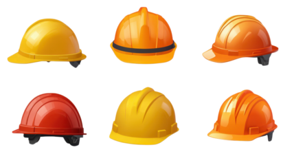 Construction safety helmets in various colors displayed on a white background.