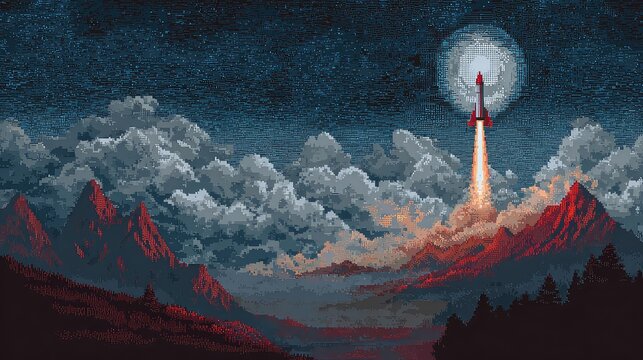 Dramatic pixel art rocket launching to the moon, a vibrant retro scene of adventure and space exploration with glowing clouds, mountains, and a starry night sky that evokes nostalgia