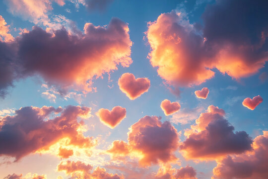 Romantic sunset sky with heart shaped clouds for Valentine’s Day holiday celebration dreamy wallpaper, generative ai
