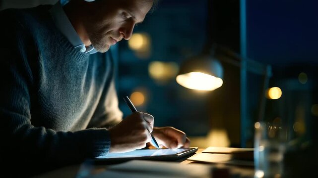 Close up of design work on tablet at night face not shown late night creative evening work night shift freelance hours dark environment tablet glow desk lamp darkness