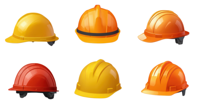Construction safety helmets in various colors displayed on a white background.