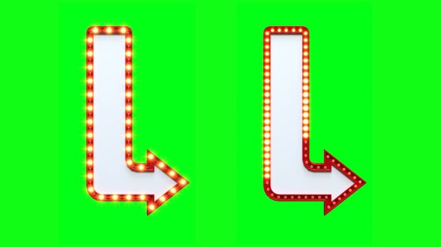 Two retro marquee arrow signs with glowing bulbs on a green screen, Loop video