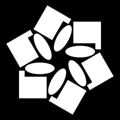 Abstract geometric pattern of squares and ovals on black background.