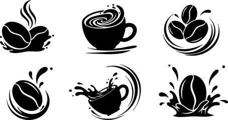 Coffee bean cup splash black silhouette vector illustration for beverage design and cafe branding