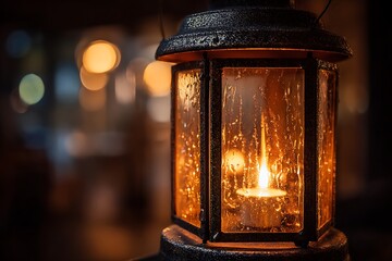 A macro photograph of a flickering LED candle flame inside a vintage-style Christmas lantern, creating a warm glow 