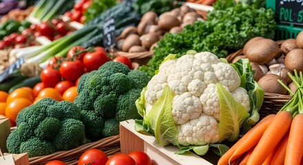 Variety of fresh vegetables and fruits at a market, including cauliflower, broccoli, and tomatoes