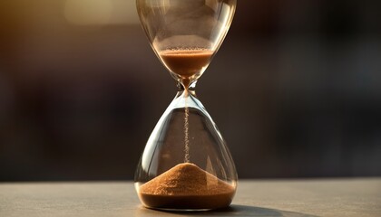 A clear glass hourglass with golden sand flowing inside its bulbs measuring the passage of time