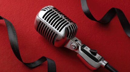 Stunning vintage microphone with elegant black ribbon on vibrant red background, perfect for podcasting, broadcasting, or recording studio promotion, evoking nostalgia and classic performance