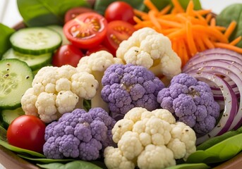 Colorful cauliflower and broccoli salad with fresh vegetables