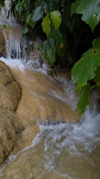 Stream cascading over textured, ochre-colored rock formations and flowing through lush, dark green tropical foliage, slow motion