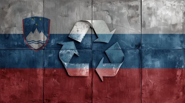 Slovenia flag is creatively merged with a recycling symbol, blending national pride and environmental awareness. The image conveys sustainability, patriotism, and striking design.