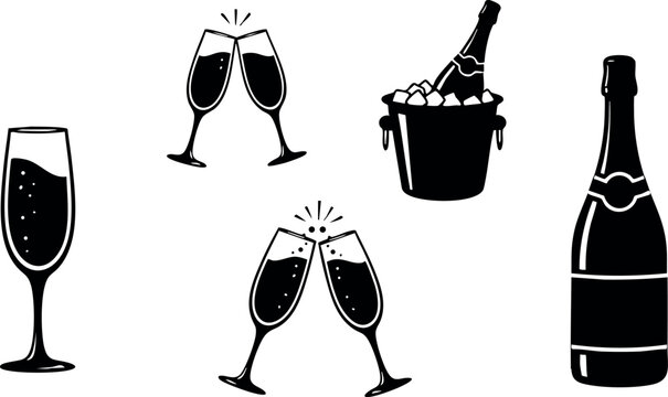 Champagne bottle glass bucket and clinking glasses vector illustration celebration party drink toast black and white design