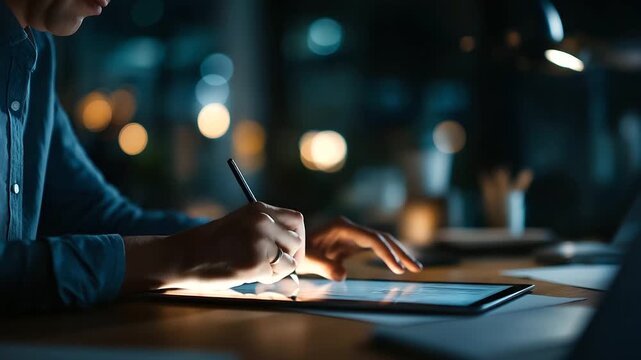 Close up of design work on tablet at night face not shown late night creative evening work night shift freelance hours dark environment tablet glow desk lamp darkness