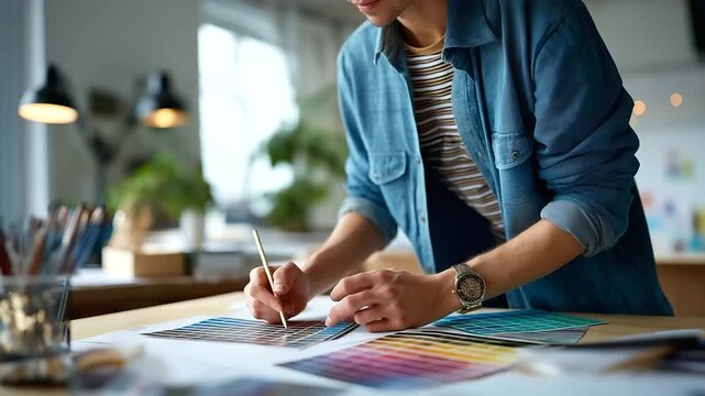 Overhead shot of graphic designer workspace with color swatches no faces visible creative desk design tools color palette work materials professional setup artist desk work