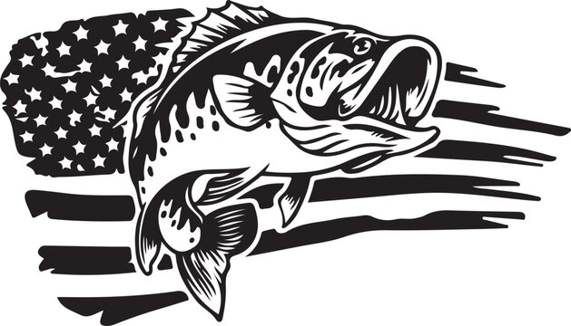 Print largemouth bass fish jumping with american flag isolated on