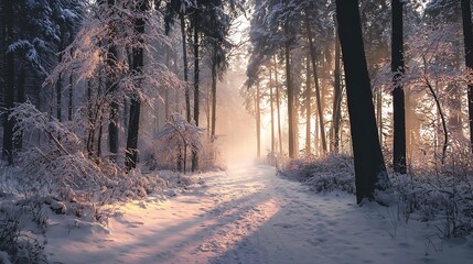 Winter Forest Path A Serene Snow-Covered Morning Scene with Fog and Sunlight