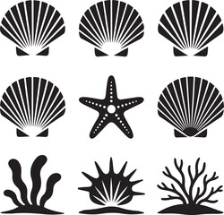 Seashells Starfish and Seaweed Black and White Vector Illustration