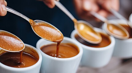 Spoons Dipping into Various Shades of Rich Brown Sauces in Small White Cups at a Culinary Tasting Event