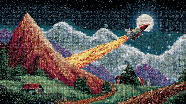 Retro pixel art scene of a rocket launching into the night sky above a peaceful mountain landscape, evoking nostalgia and dreams of space exploration, perfect for vintage tech themes