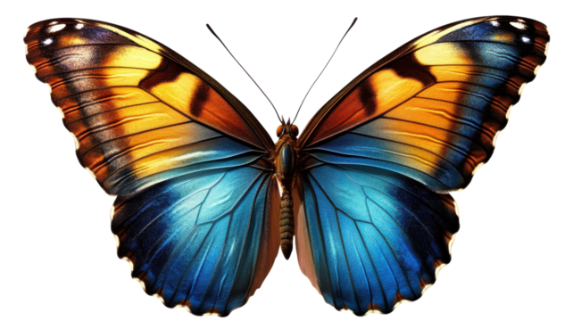Bright blue morpho butterfly with orange and black patterns rests delicately with its wings open. - Powered by Adobe