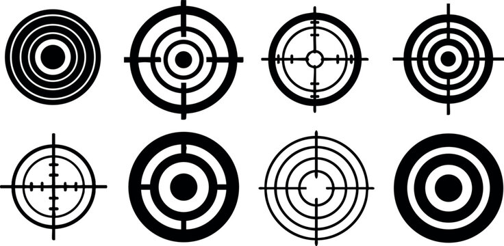 Set of black target icons with concentric circles and crosshair lines vector illustration