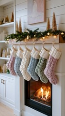 Naklejka premium Colorful knitted stockings hang from a wooden shelf above a warm fireplace, surrounded by elegant festive decorations. The soft glow of light adds a magical touch to this cozy scene