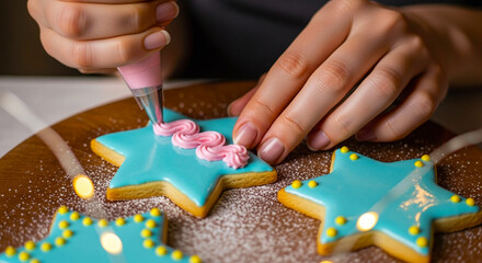 Close up of hands decorating star shaped cookies with blue icing and pink frosting detail
