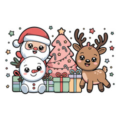 Santa, Snowman, Reindeer & Christmas Tree with Presents – Kawaii Holiday Vector Art