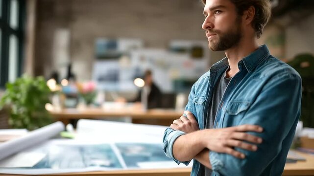 Designer standing in creative studio face not sharp focus professional space design environment studio setting creative workplace modern office work atmosphere studio inter